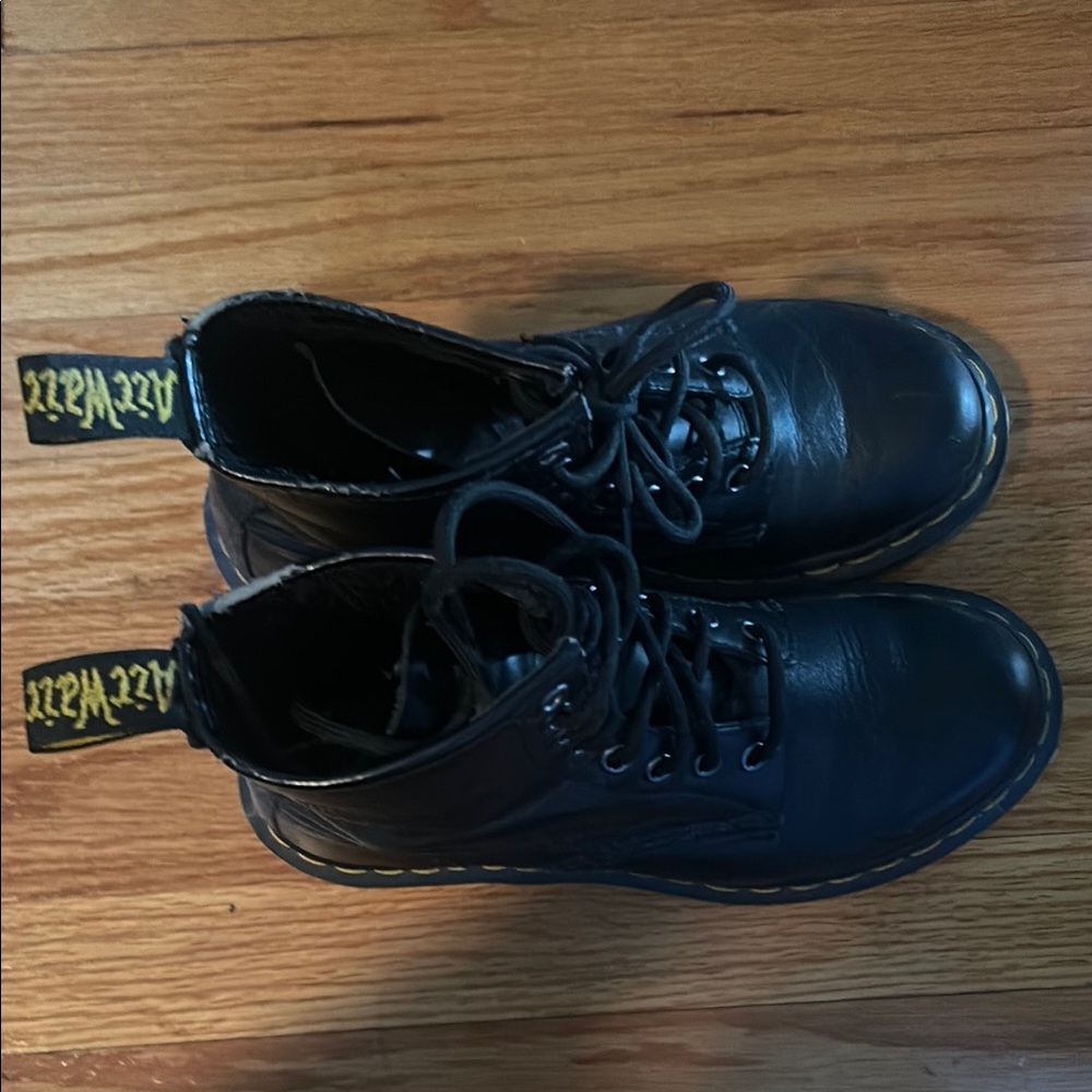 Dr. Martens Black Leather Boots with Yellow Stitching